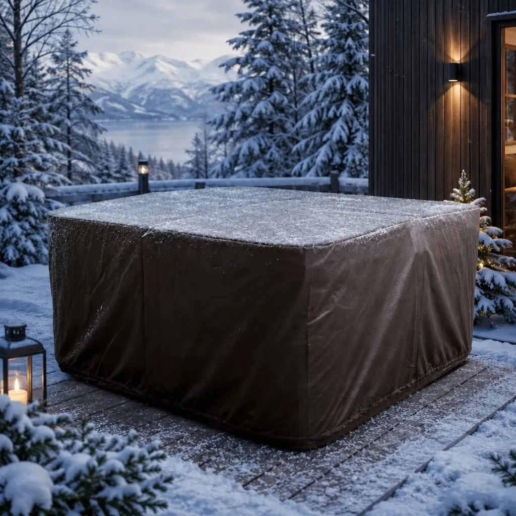 Nordspa ArcticShield 190 hot tub cover in a snowy winter landscape with mountains in the background