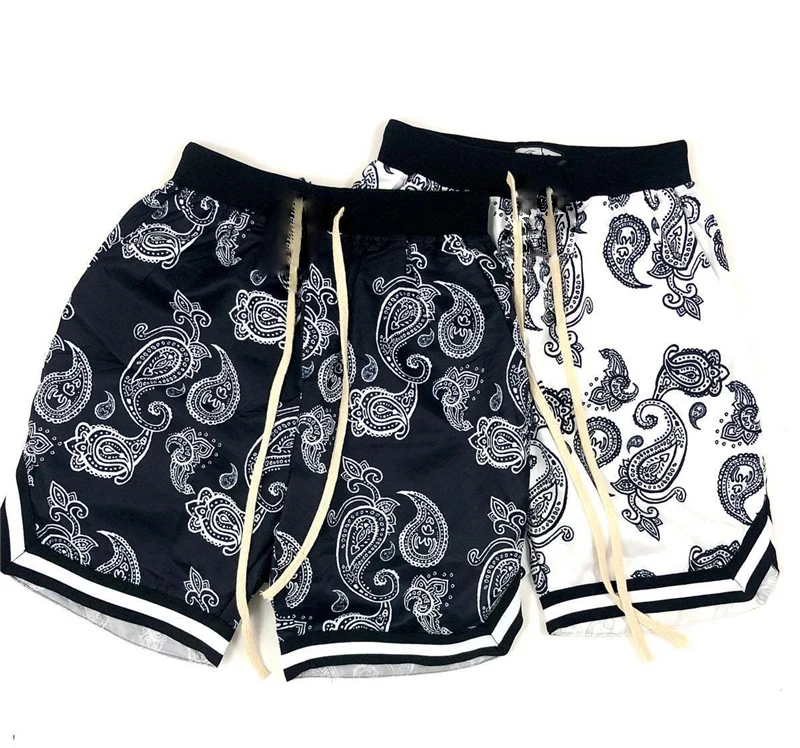 

YX Wholesale Elastic Waist Casual Black Paisley Print Custom Basketball Board Shorts Men, White, black