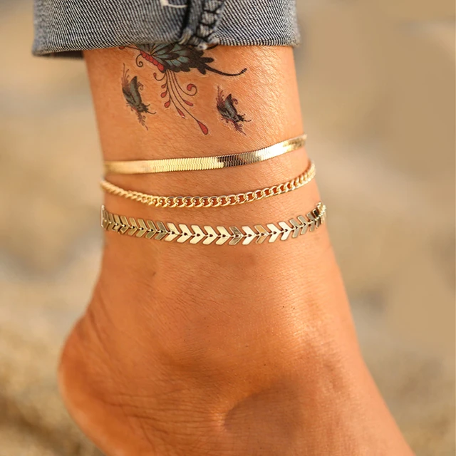 

Trendy Layered Butterfly Snake Shell Anklets gold beads chain ankle bracelet women summer foot jewelry