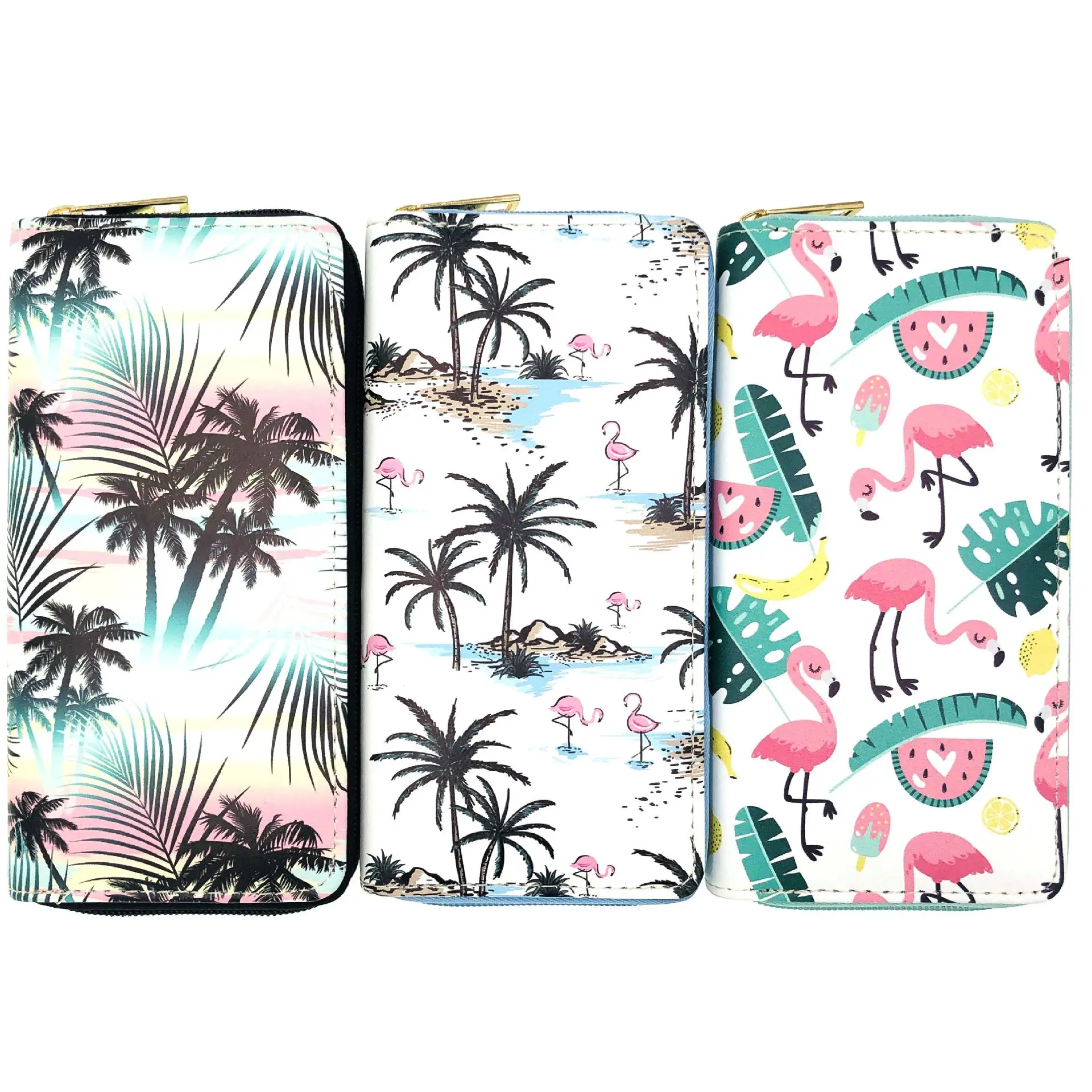 

Romantic Flamingo Coconut Tree Pattern Cute Wallet For Women Long Zipper PU Leather Coin Purses Card Case Carteras Crypto