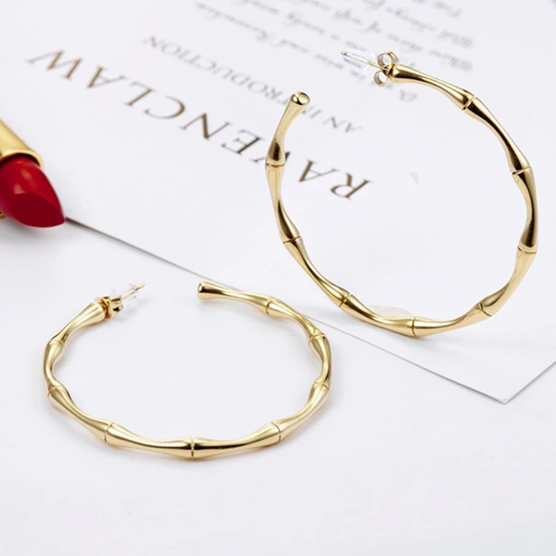 

Wholesale Custom Personalized Big Large Earring Stainless Steel 18K Gold Plated Bamboo Hoop Earrings, Picture