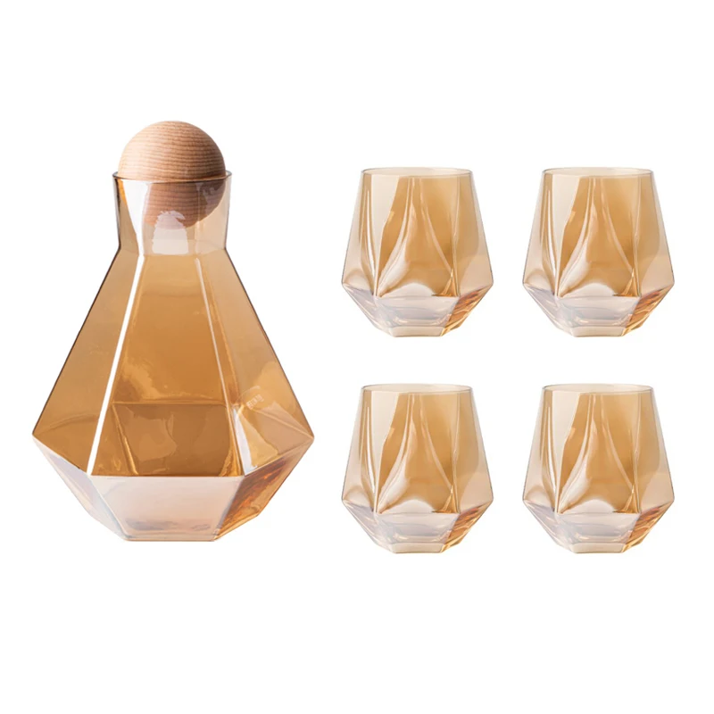

1200ml/40.58oz Crystal Hexagonal Diamond Cold Water Pitcher Glass Cup Set Drink Water Carafe Kit, Gold