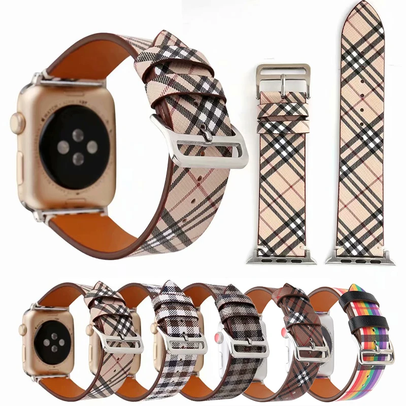 

Plaid Pattern leather watch band Strap for Apple Watch Band Series 4 3 2 1 38mm 42mm 40mm 44mm Leather Watch Band with Adapter, 5 colors
