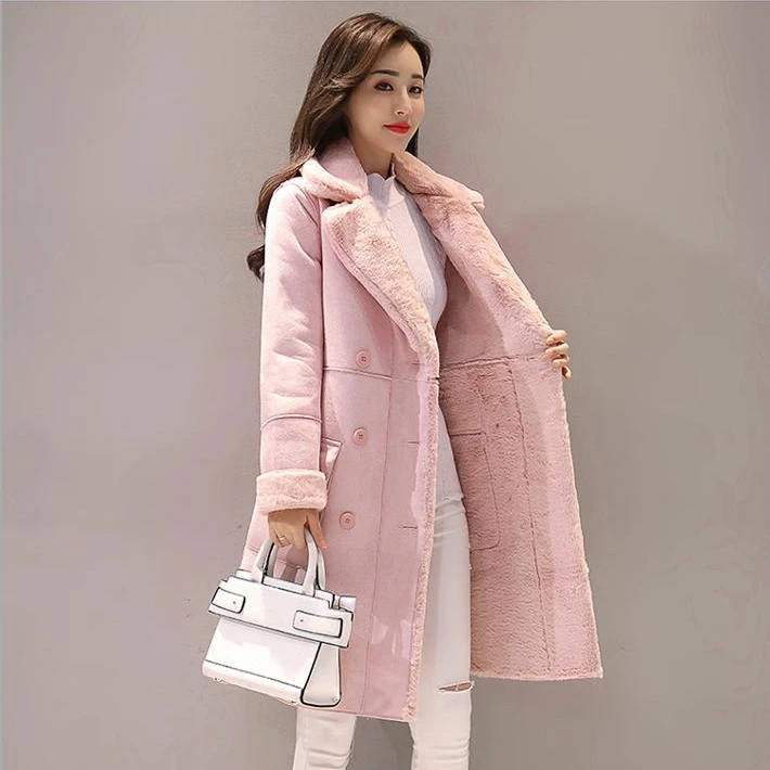 

Women Fashion Lamb Wool Lining Coat Winter New Female Thickening Medium Long Turn-down Collar Double-breasted Suede Overcoat