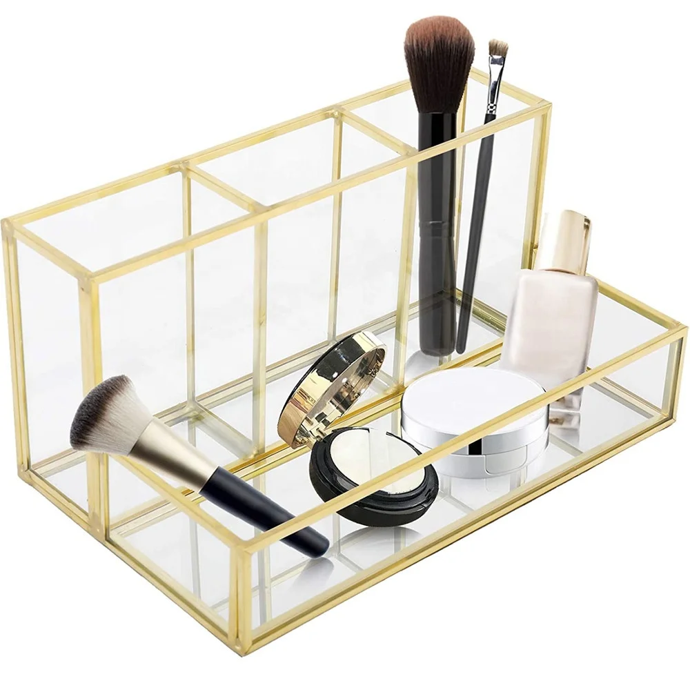 

HighFree Makeup Brush Holder Vintage Clear Glass Cosmetic Brush Makeup Organizer with Mirror Tray for Storage Perfume, Optional