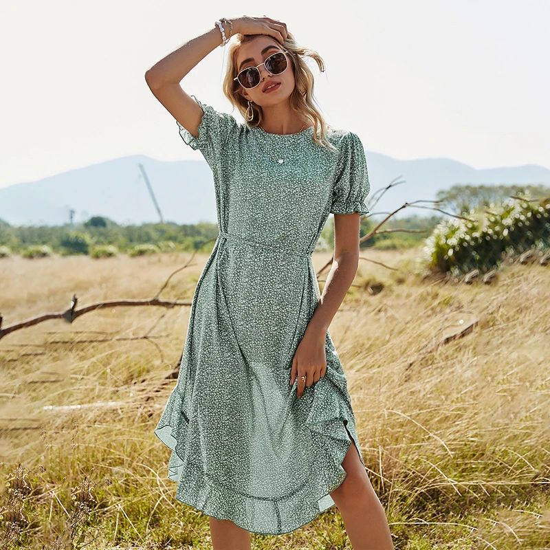 

PRETTY Steps 2021 Spring New Product High Waist Round Neck Ruffled Mid-length Floral Dress Female Short-sleeved A-line Dress