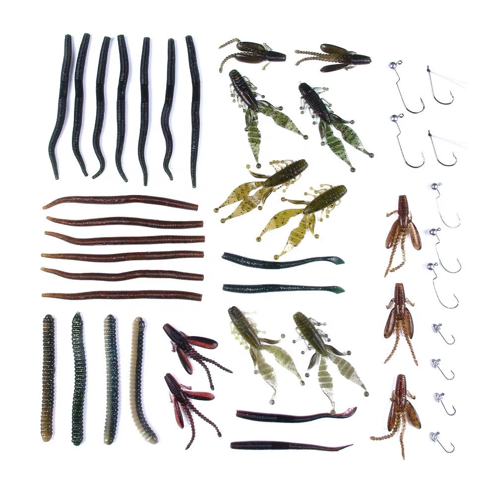 

worms set Salted soft worm fishing lure bait set with spinner spring pins lead crank hooks, As picture