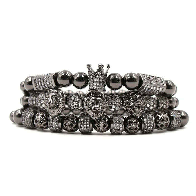 

Hot Sale Handmade Jewelry Luxury Men's 3Pcs/Set Elastic 18K Gold Plated Copper Bead Lion Head Royal Crown Bracelet Set