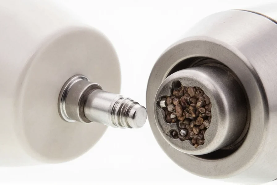 Close-up comparison of ceramic versus stainless steel salt and pepper grinder mechanisms showing internal components