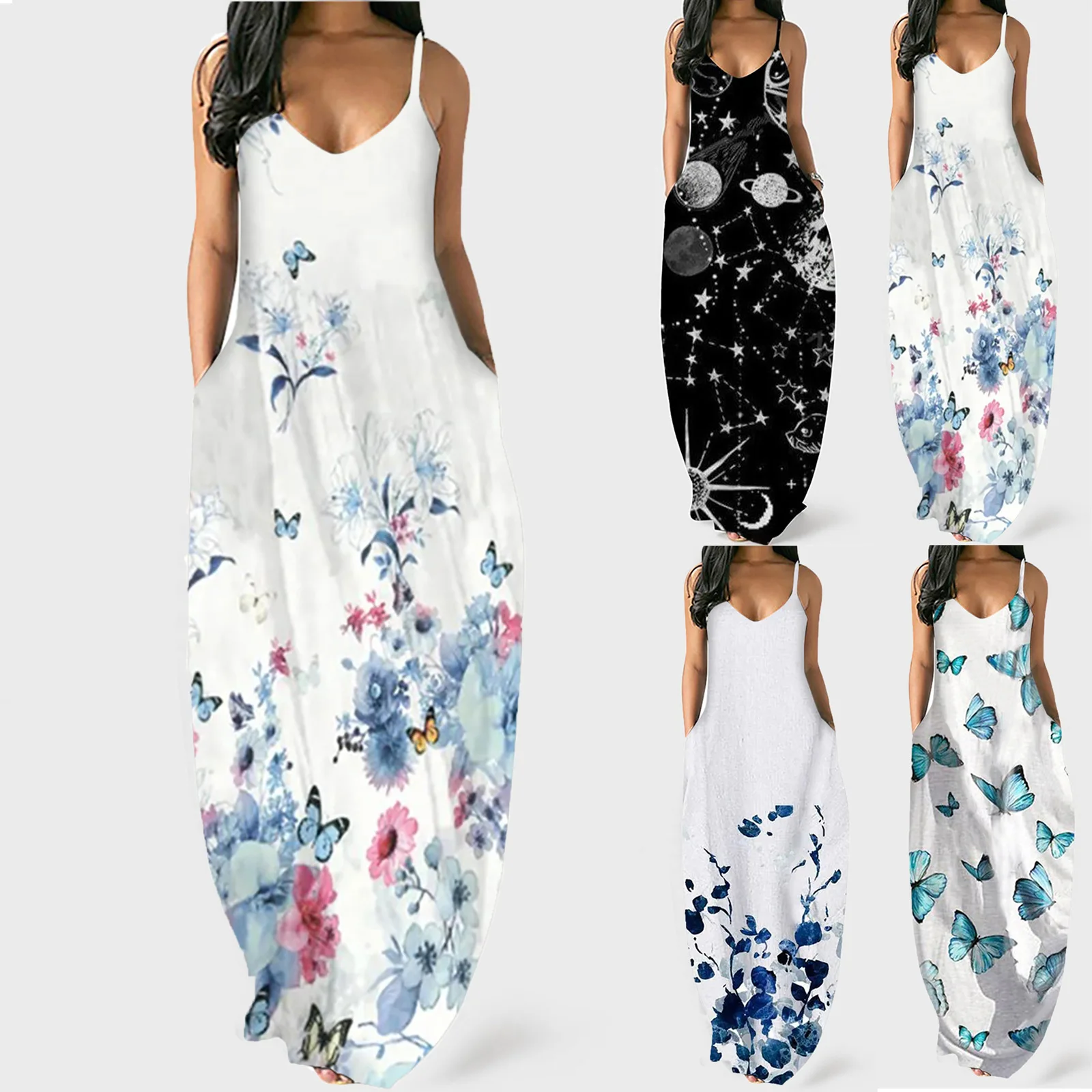 

Printed Deep V Women Casual Summer Pocke Spaghetti Strap Loose Plus Size Long Maxi Dresses