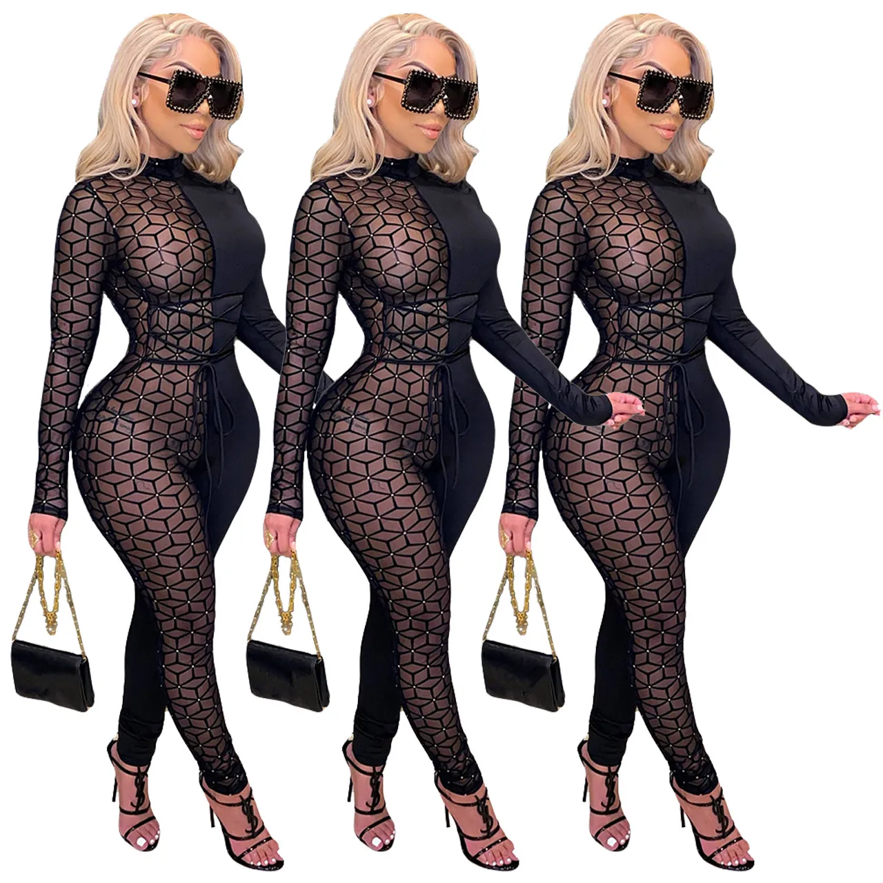 

New Arrivals 2021 design fashion tight see through mesh patchwork club Bodycon Rompers Women Jumpsuits, Customized colors