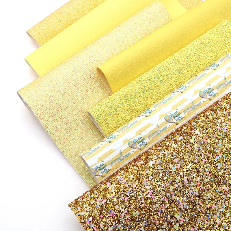 

DIY Bags Bows 7PCS/Set Pastel Colors Yellow Mixed Glitter Lychee Pebble Printed Faux Leather Fabric Sheets Bundle