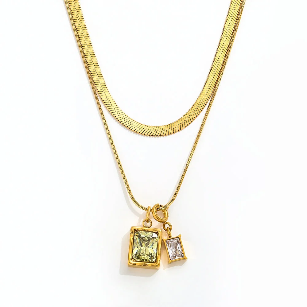Joolim 18K Gold Plated Double-Layer Dainty Snake Chain Zirconia Pendant Necklace Trendy Style Stainless Steel Jewelry Wholesale