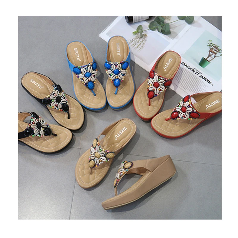 

New arrivals summer retro Bohemia style frauen thong flip flops pretty anti slip custom logo plus size women flip flops