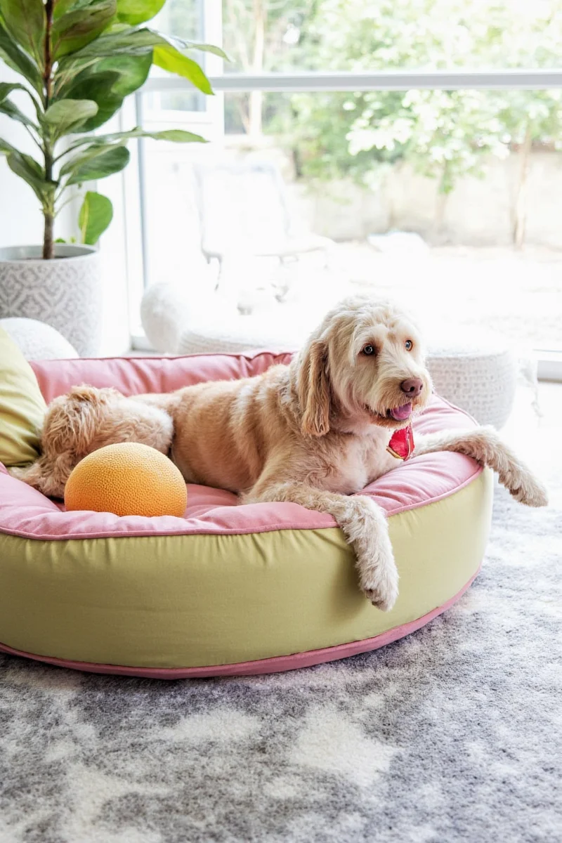A woman and her dog lounging together on a couch with a throw blanket, surrounded by plants and decorative pillows.