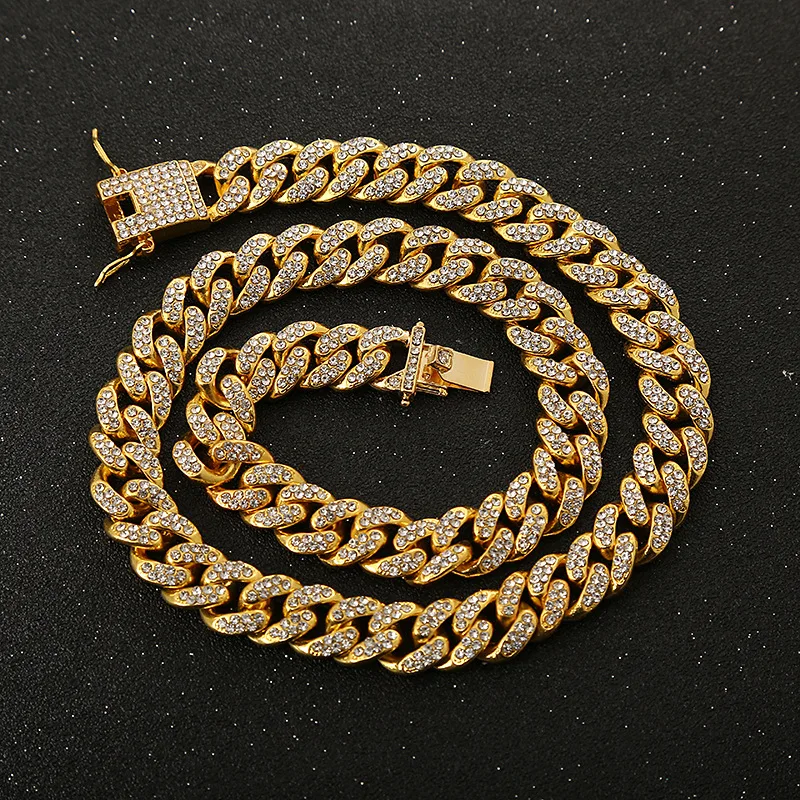 

New Fashion Hips Hops Iced Out Miami Cuban Link Chain Necklace Punk Gold Plated CZ Rhinestone Crystal Cuban Necklace For Men, Gold color