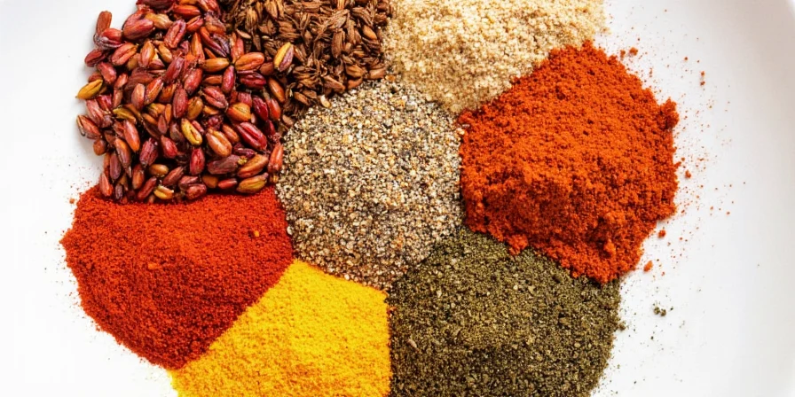 Colorful array of Moroccan spices including ras el hanout