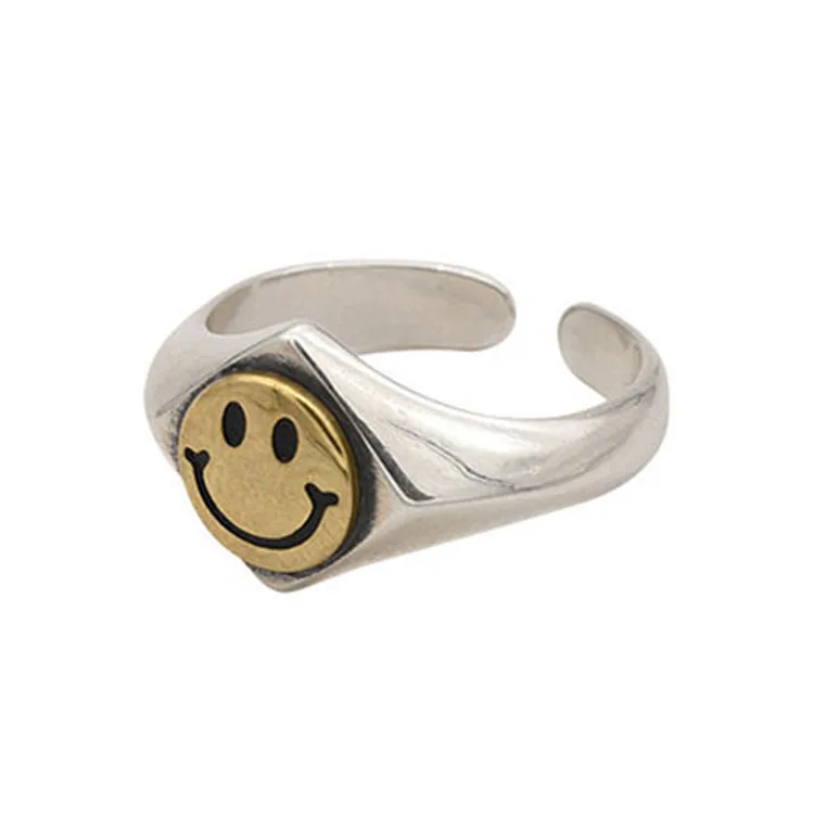 

Adorable Yellow Smiley Face Opening Adjustable Ring 925 Silver Ins Women Simple Chain Ring