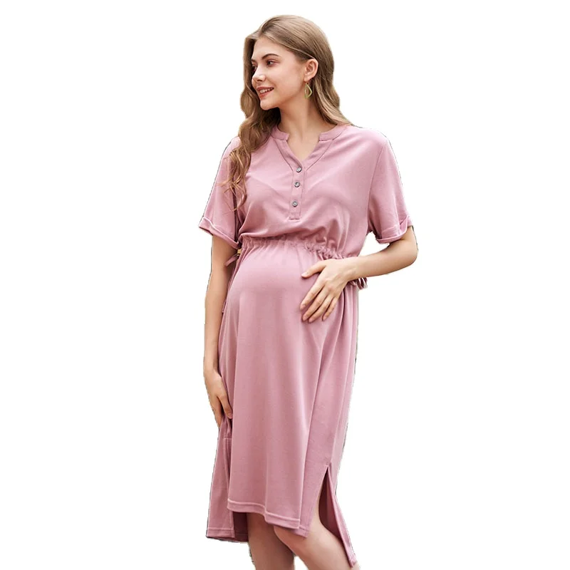 

Comfortable Modal Short Sleeves Drawstring Split Front Maternity Dress Maternity Summer Dress Pregnant Women Dress, Picture