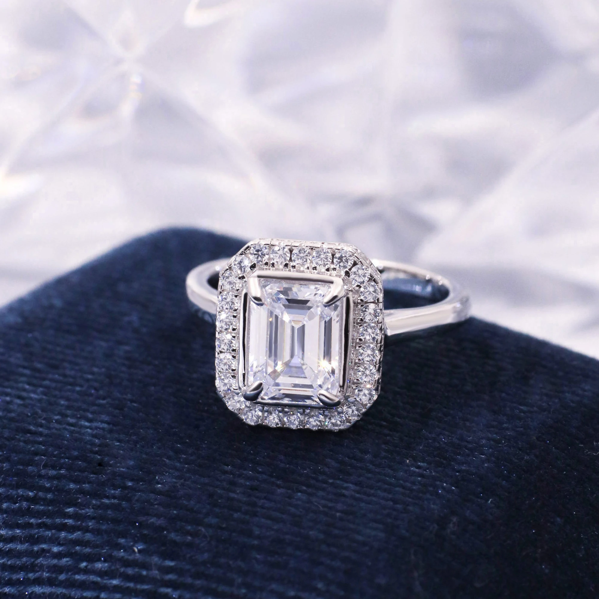 

Tianyu Bridal Jewelry FBA Sterling Silver 925 Gold 18K Plated 2ct Moissanite Halo Engagement Emerald Cut Rings