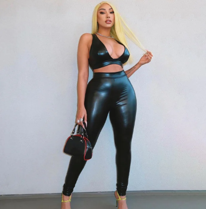 

Summer outfits women clothing 2022 sexy night club pu leather crop bra top with skinny legging pants two piece set