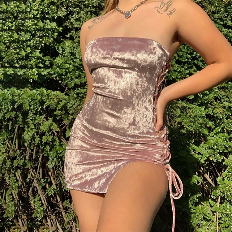 

2021 spring fashion women's sexy bandage dress Strapless velvet dress street style