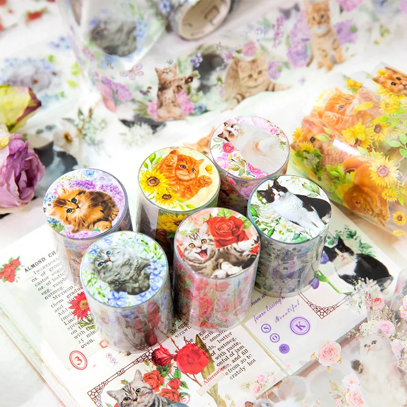 

2M/Roll Pet Tape Cat and Floral Series Cat Hand Account DIY Material Decoration Loop Scrapbooking Stickers 6 Options