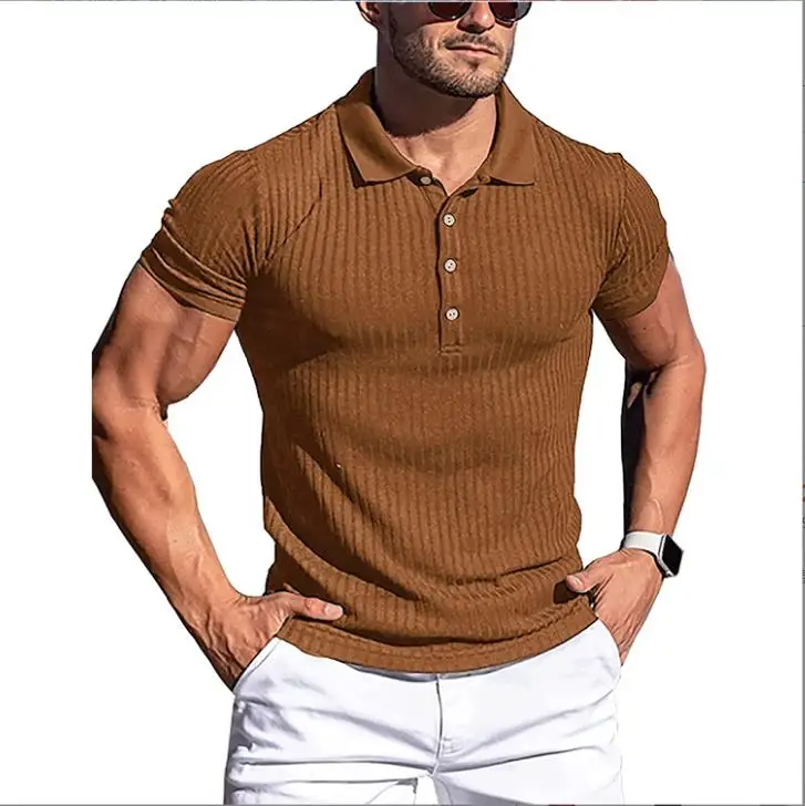 

2022 new summer high elastic vertical striped knitted slim men's polo shirt