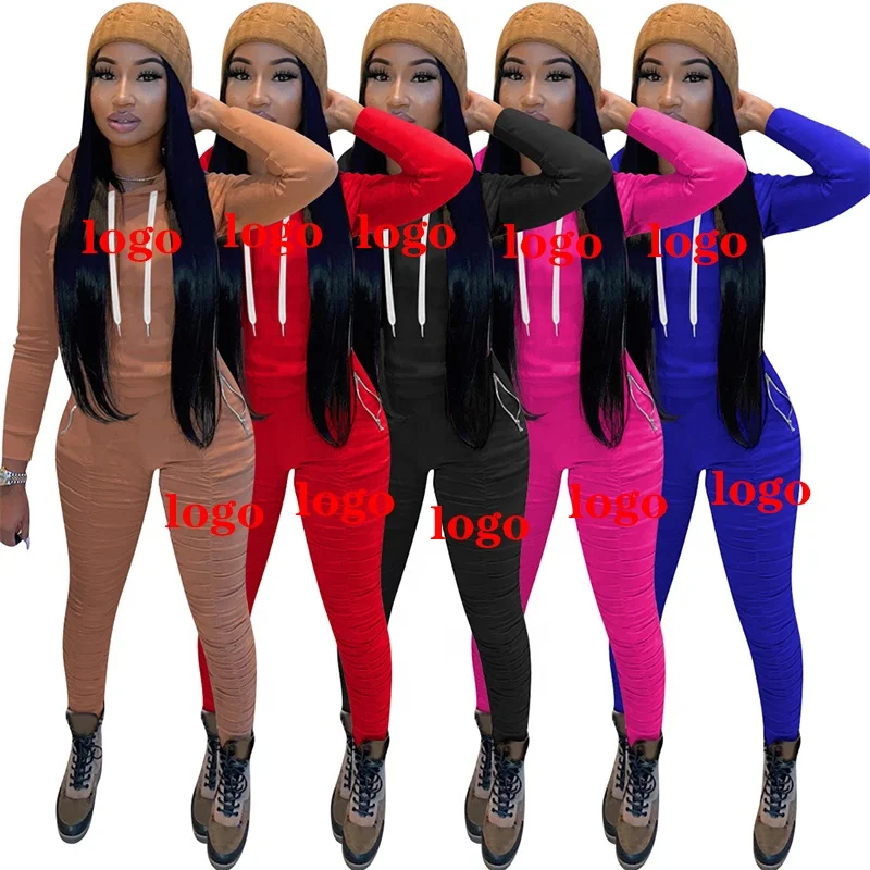 

New design fall hoodie + stacked pants sport two piece set clothing strack suit for women