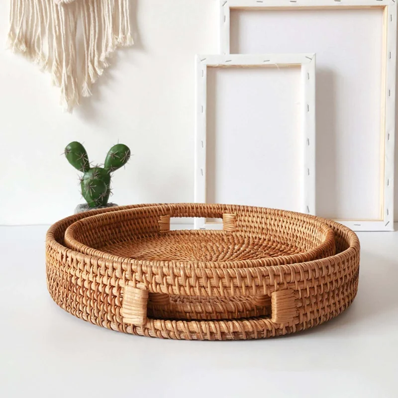 

Handwoven Rattan Storage Tray With Wooden Handle Round Wicker Basket Bread Food Plate Fruit Cake Platter Dinner Serving Tray, Natural color