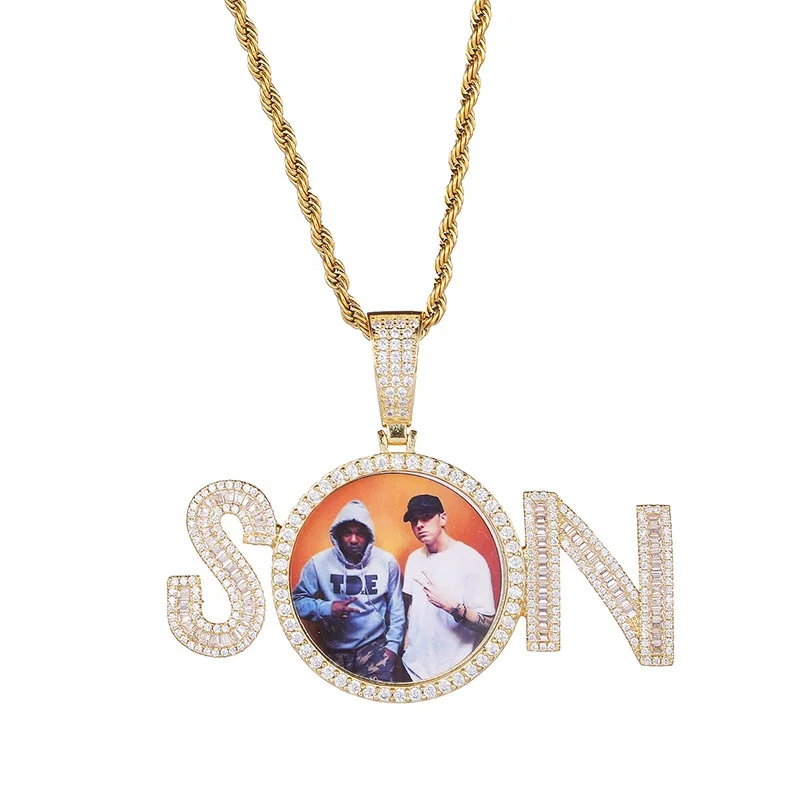 

Custom Memory Photo Pendant DIY Personalized Baguette Name With Medallions Picture Pendant Necklace