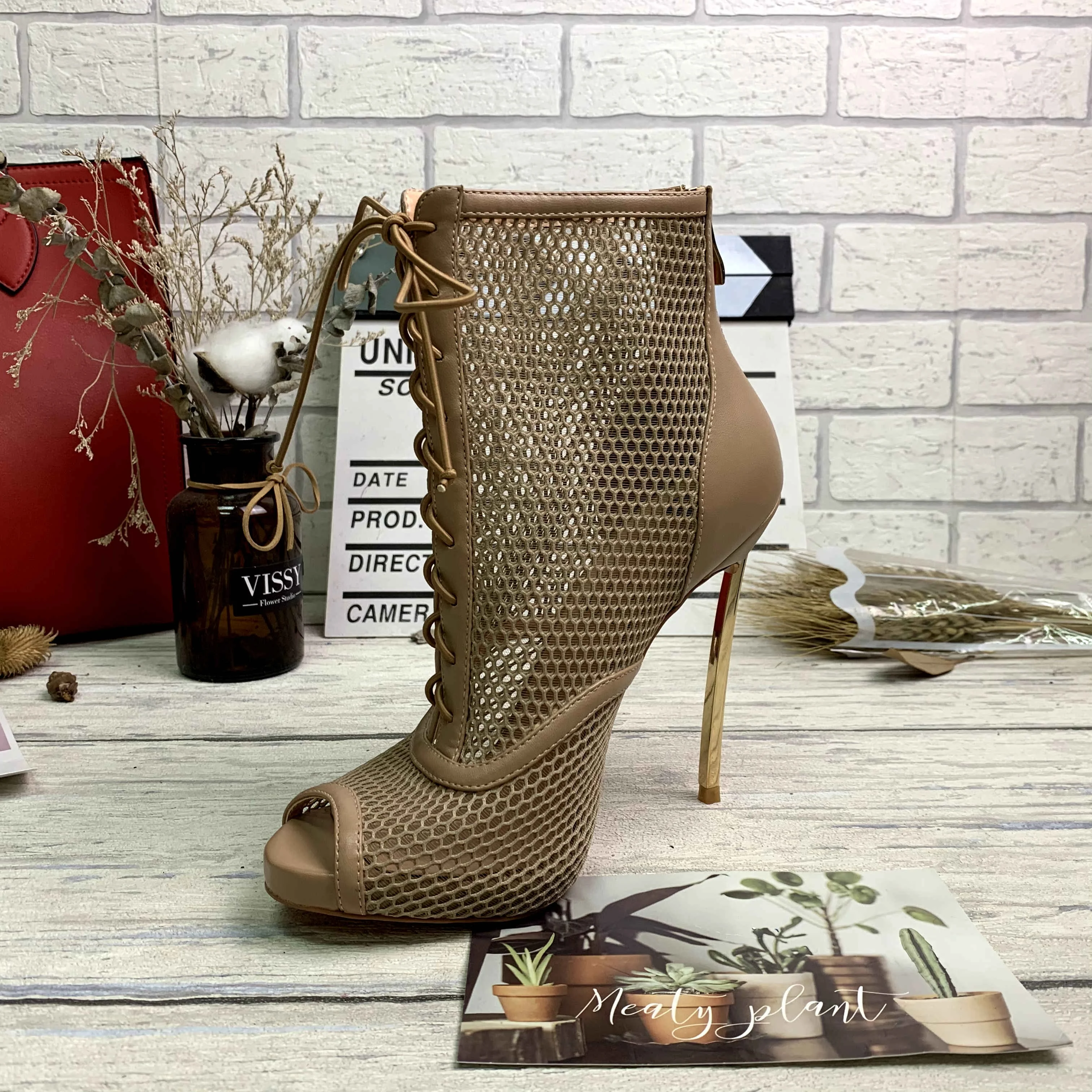 

Spring new style fashion stitching mesh open toe stiletto lace up women's shoes in Europe and America large size wholesale, Black beige