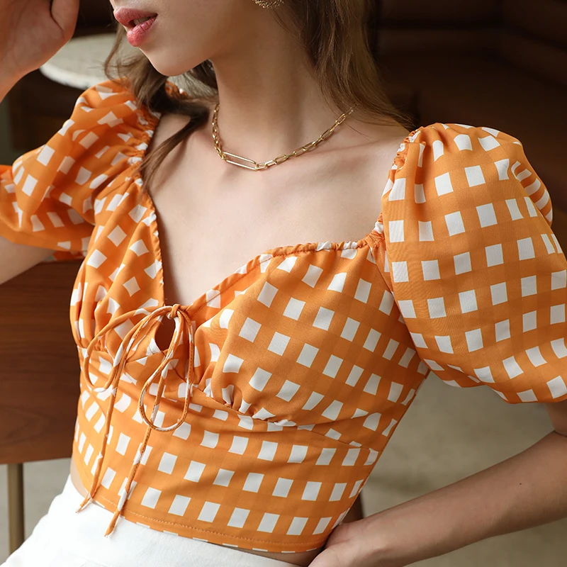 

Blouse Womens 2021 Crop Top Fashion Women Short Sleeve Blouses printed plaid, Customized color