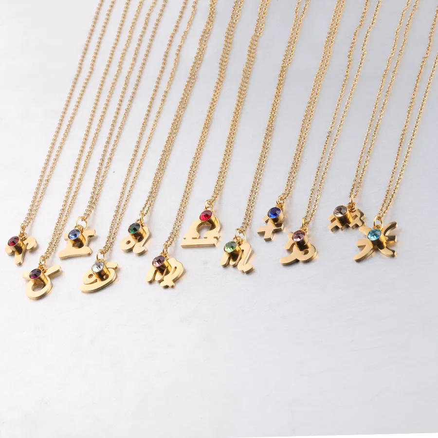 

2019 New Stainless Steel Gold Simple Star12 Zodiac Sign Necklaces Pendants Constellations Choker Birthstone Necklace for Women, Gold +stainless steel+steel