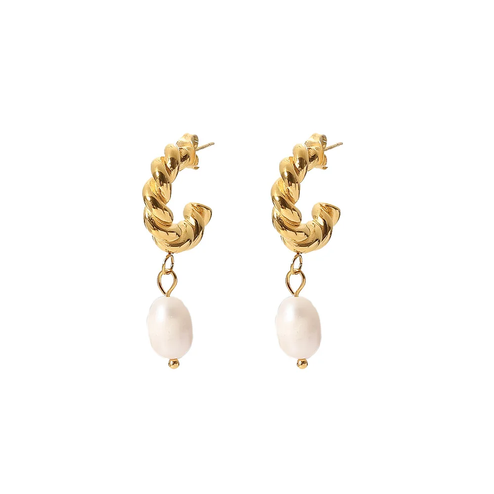 

18K Gold Plated Stainless Steel Jewelry Twist CC Shaped Fresh Water Pearl Earrings for Women