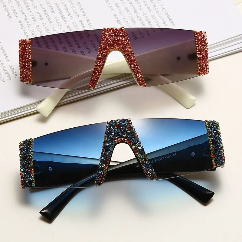 

1746 Fashion Luxury One Piece Lens Rhinestone Women Rectangle Rimless Sunglasses Diamond, 4 colors