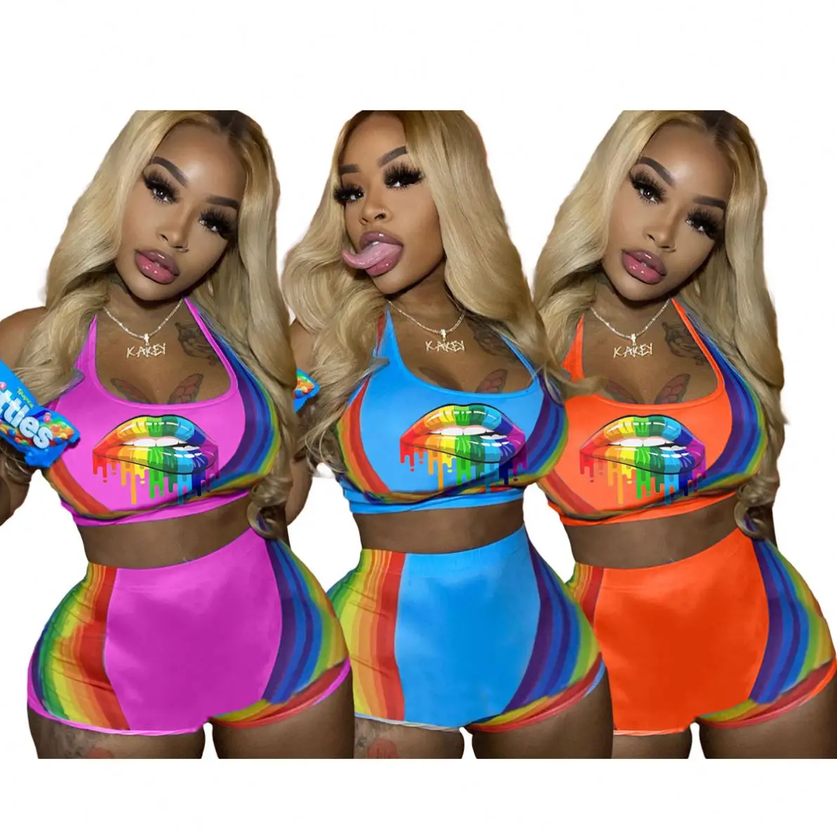 

2021 summer women short pant set fashion colorful women short two piece sets sexy lips print womens 2 piece short set