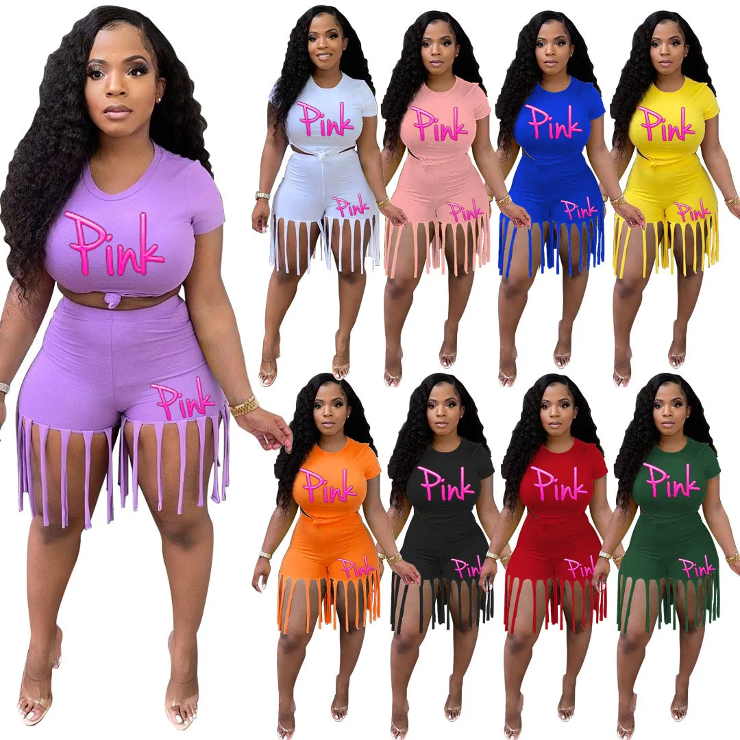 

M6529 S-5xl tassels cute two piece short set sporty plus size women clothing 2022 summer