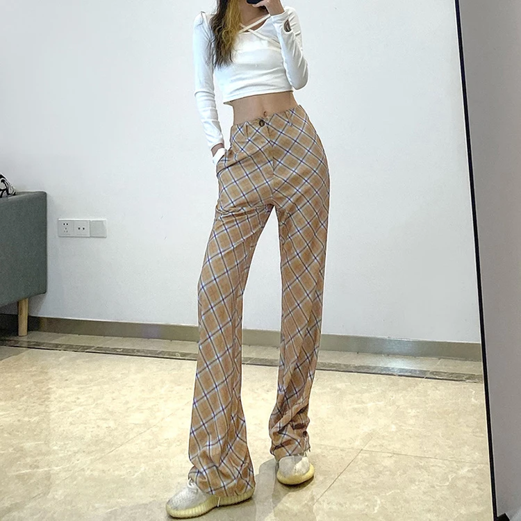 

Korean Style Bottom Capris Streetwear High Waist Checkered Print Khaki Wide Leg Pants Zipper Plaid Flares Loose Long Trousers