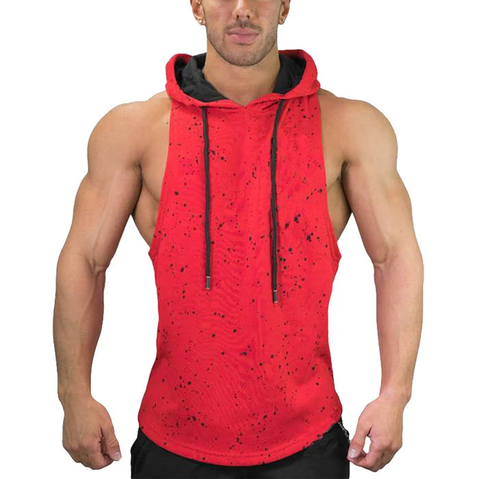 

Wholesale athletic wear sports singlet gym muscle slim vest men workout drawstring hooded tank top, Two tone color