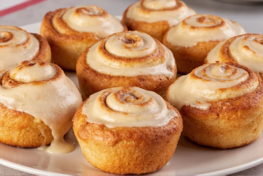 Close-up photograph of a freshly baked Cinnabon cinnamon roll showing the spiral layers and cream cheese frosting