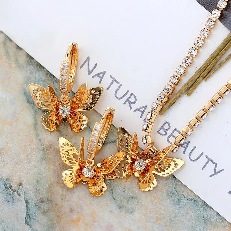 

Elegant Jewelry Shining Iced Out Tennis Chain Clavicle Gold Color Crystal Butterfly Pendant Necklace For Women