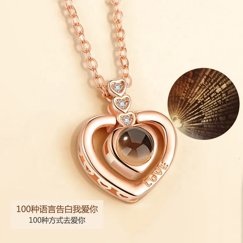 

Valentines Day Gifts 100 Languages I Love You Rose Gold Silver Love Memory Projection Zircon Heart Rose Pendant Necklace, Gold,silver ,rose gold