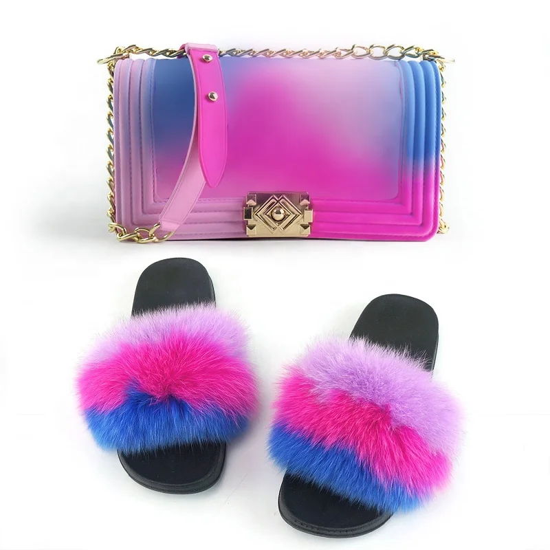 

Popular Graffiti Bag Match Fur Slides Set PU Leather Jelly Handbag Fox Fur Slippers, 6 colors