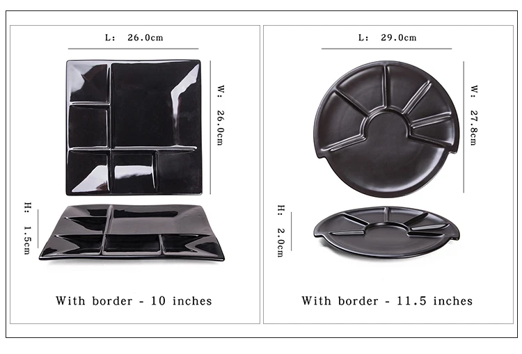 Black Matt Porcelain Plates 6 Sections Divided Dinner Serving Tray