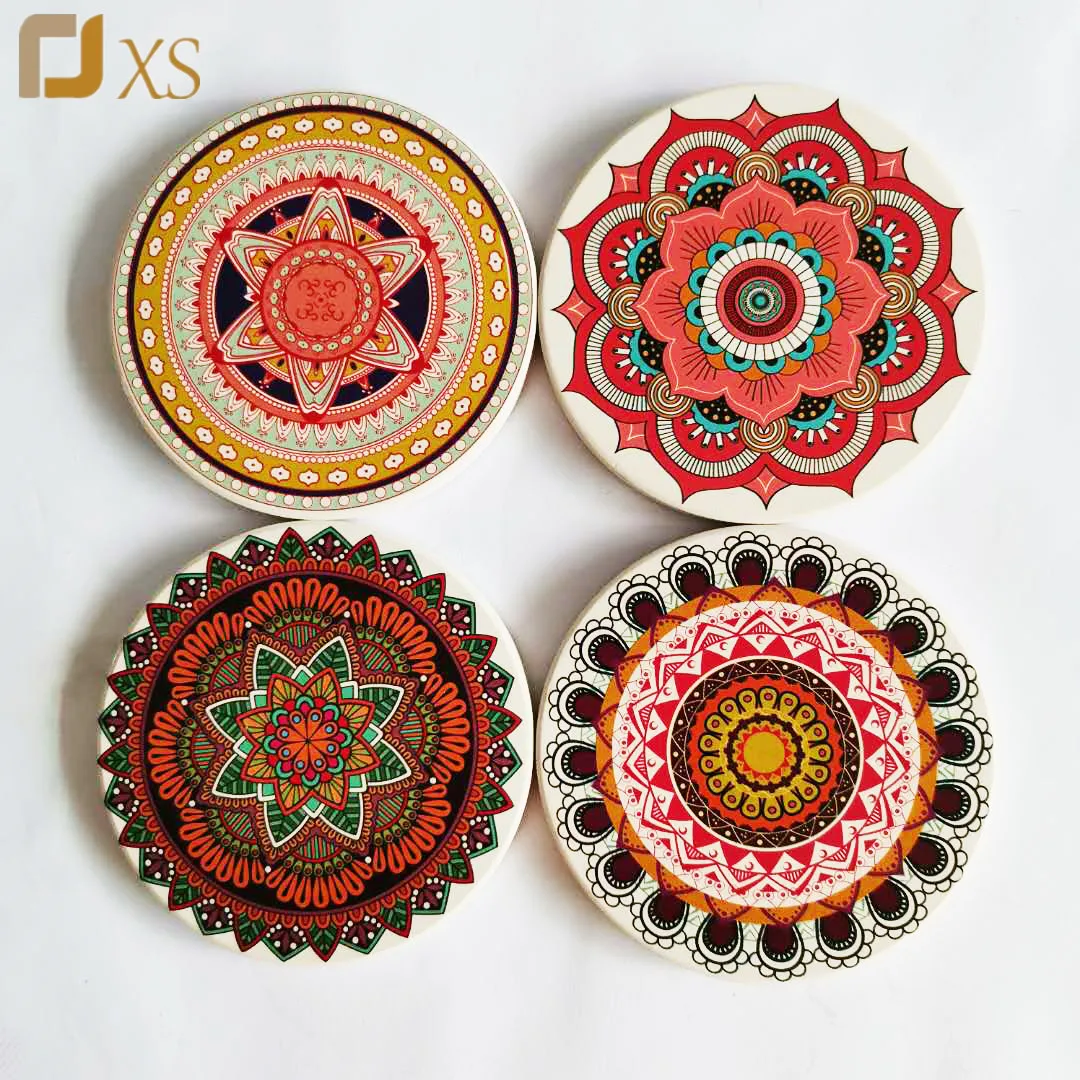 

American Style Mandala Ceramic Stone Absorbent Mandala Cup Pads Mats Coasters For Drinks, Customized color