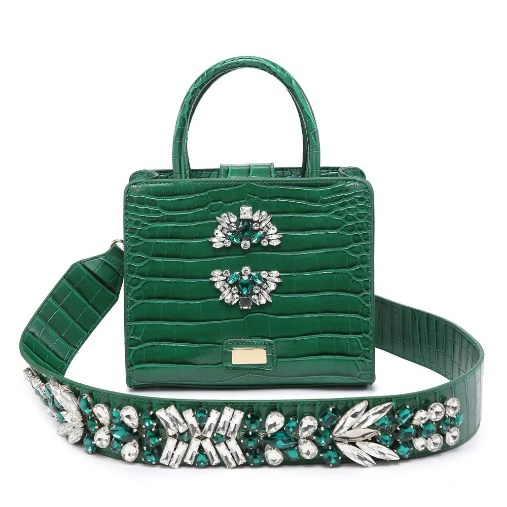 

Ladies Fashion Crocodile Pattern Leather Luxury Shoulder Bag With Crystal Strap Women Purses And Handbags 2021