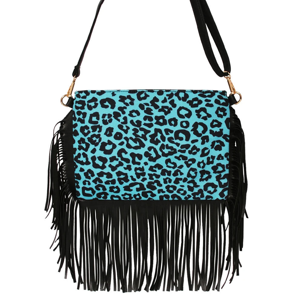 

Wholesale Blue Leopard Crossbody Fringe Bag Women Tassel Clutch Bag With PU Shoulder DOM112-1249
