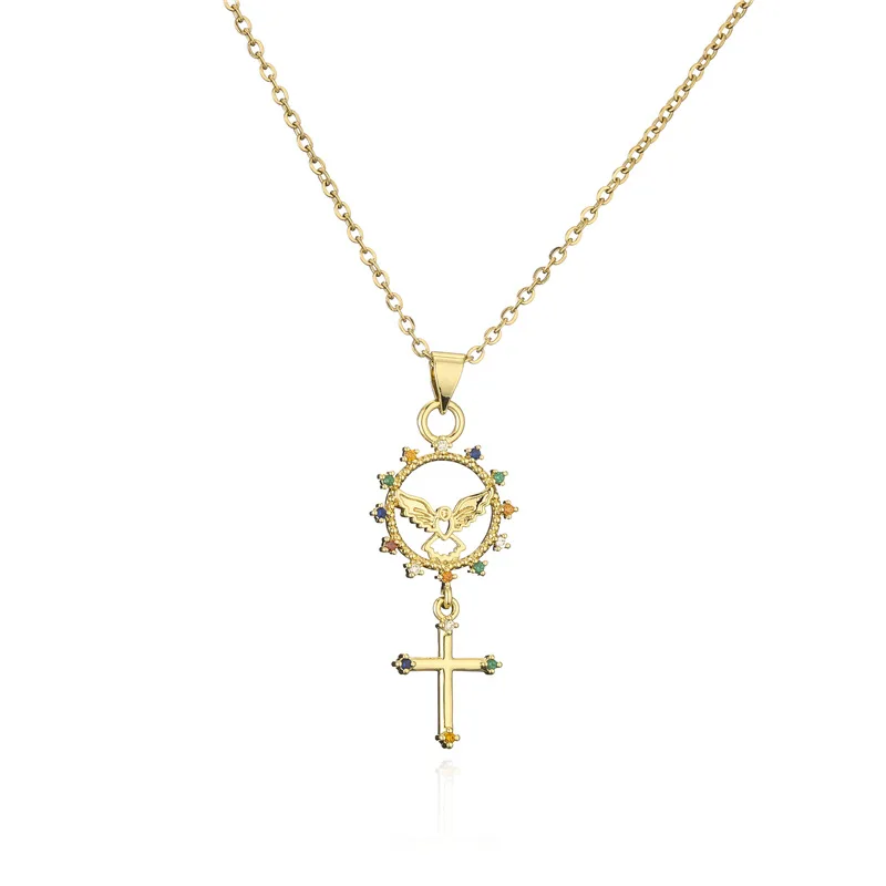 

INS Popular Design Real Gold Plating Micro Pave CZ Angel Pendant Necklaces Cubic Zircon Cross Necklace For Christian