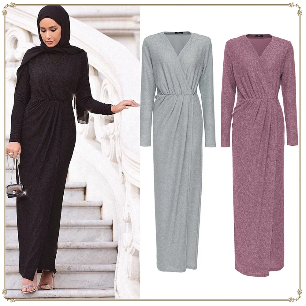 

Dubai Plain Abaya Muslim Women Hight Neck Strech Long Sleeve Bodycon Slim Dress Islamic Kaftan Jilbab Gown Clothing Arabic Robe, 3 colors